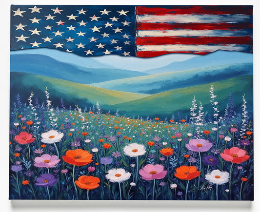 Landscape with US Flag Canvas Art Print