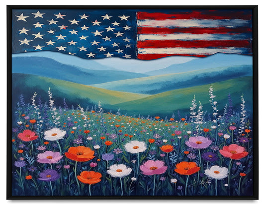 Landscape with US Flag Framed Canvas Print