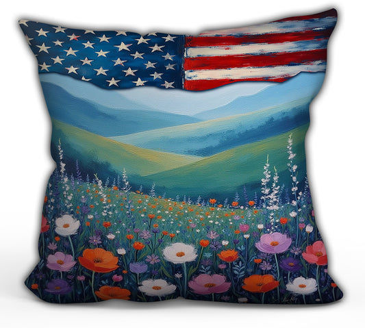 Landscape with US Flag Throw Pillow