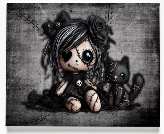 Little Stitch-ups Rag doll and cat_2 Canvas Art Print