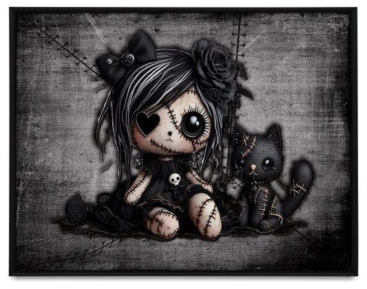 Little Stitch-ups Rag doll and cat_2 Framed Canvas Print