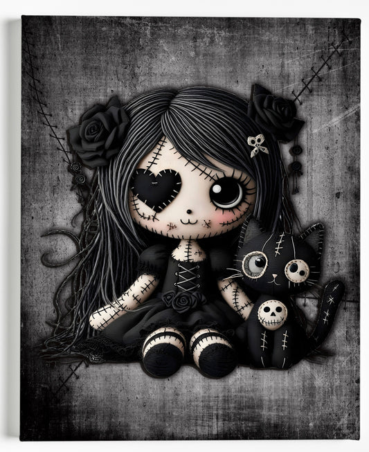 Little Stitch-ups Rag doll and her cat_1 Canvas Art Print