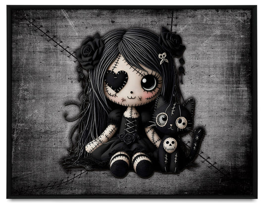 Little Stitch-ups Rag doll and her cat_1 Framed Canvas Print