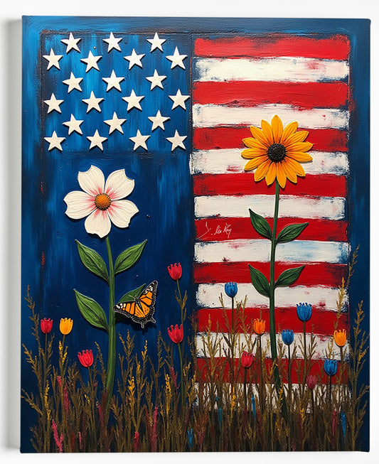 US Flag with Flowers Canvas Art Print