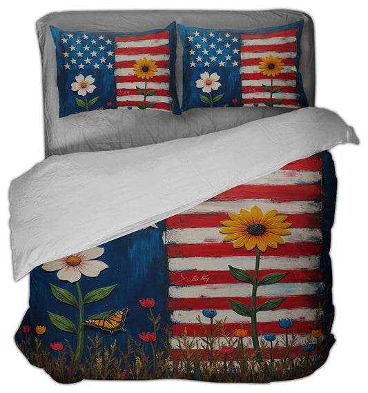 US Flag with Flowers Comforter Set
