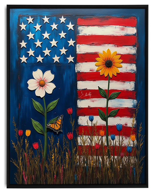 US Flag with Flowers Framed Canvas Print