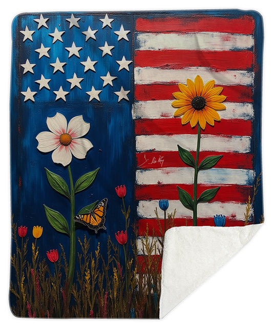 US Flag with Flowers Sherpa Blanket