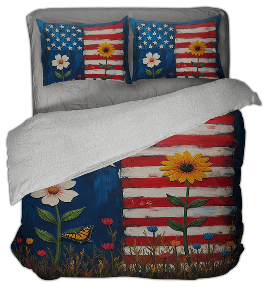 US Flag with Flowers Sherpa Comforter Set