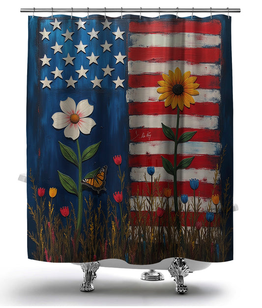 US Flag with Flowers Shower Curtain
