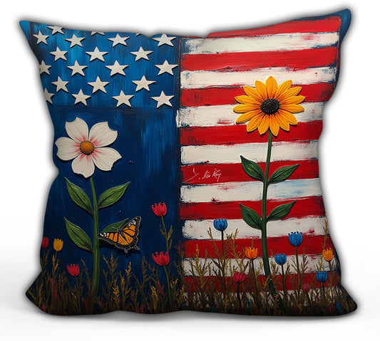 US Flag with Flowers Throw Pillow