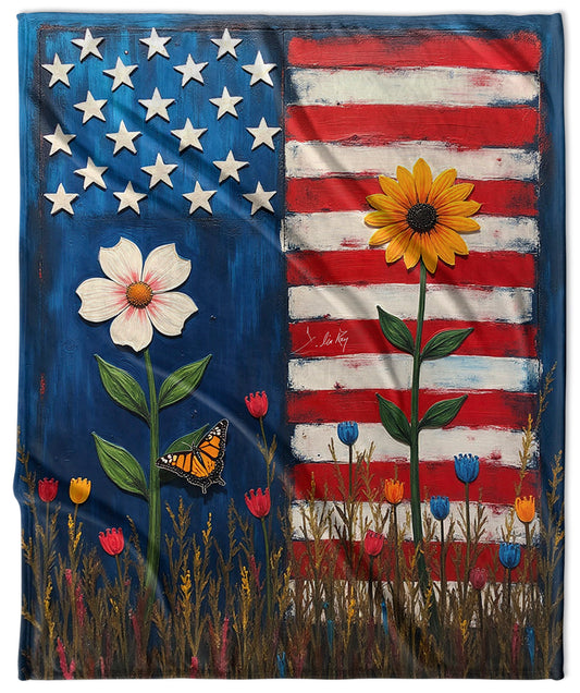 US Flag with Flowers Velveteen Blanket