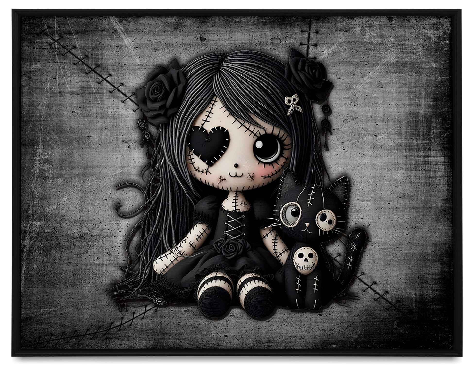 Little Stitch-ups Rag doll and her cat_1 Framed Canvas Print