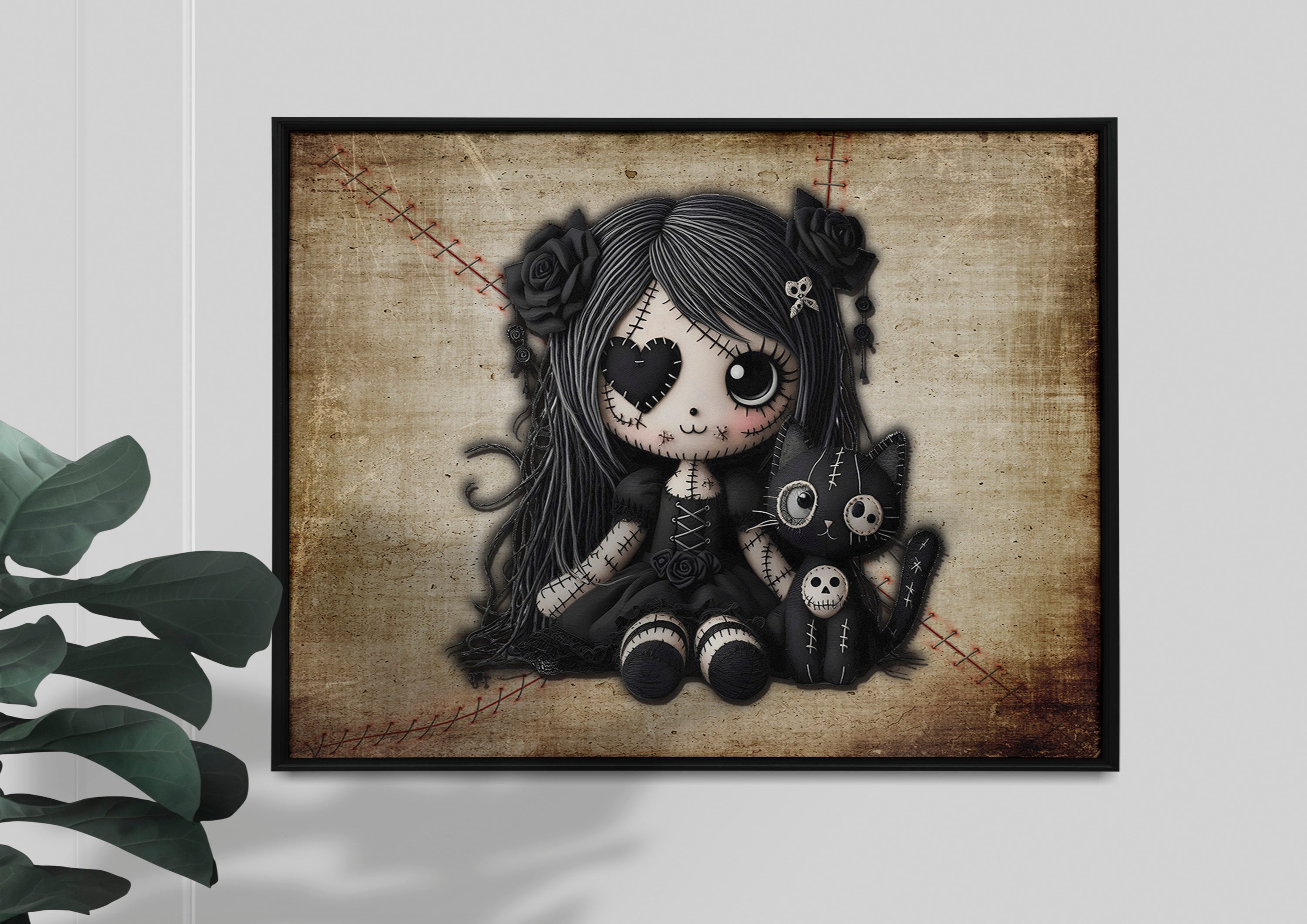 Little Stitch-ups Rag doll and her cat_1 Framed Canvas Print