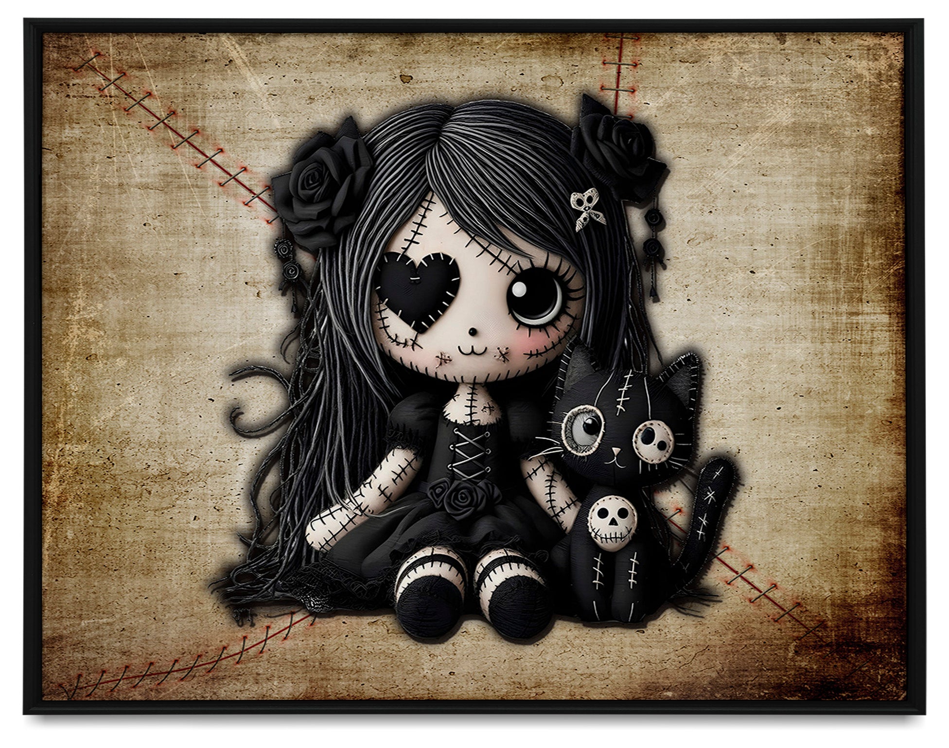 Little Stitch-ups Rag doll and her cat_1 Framed Canvas Print