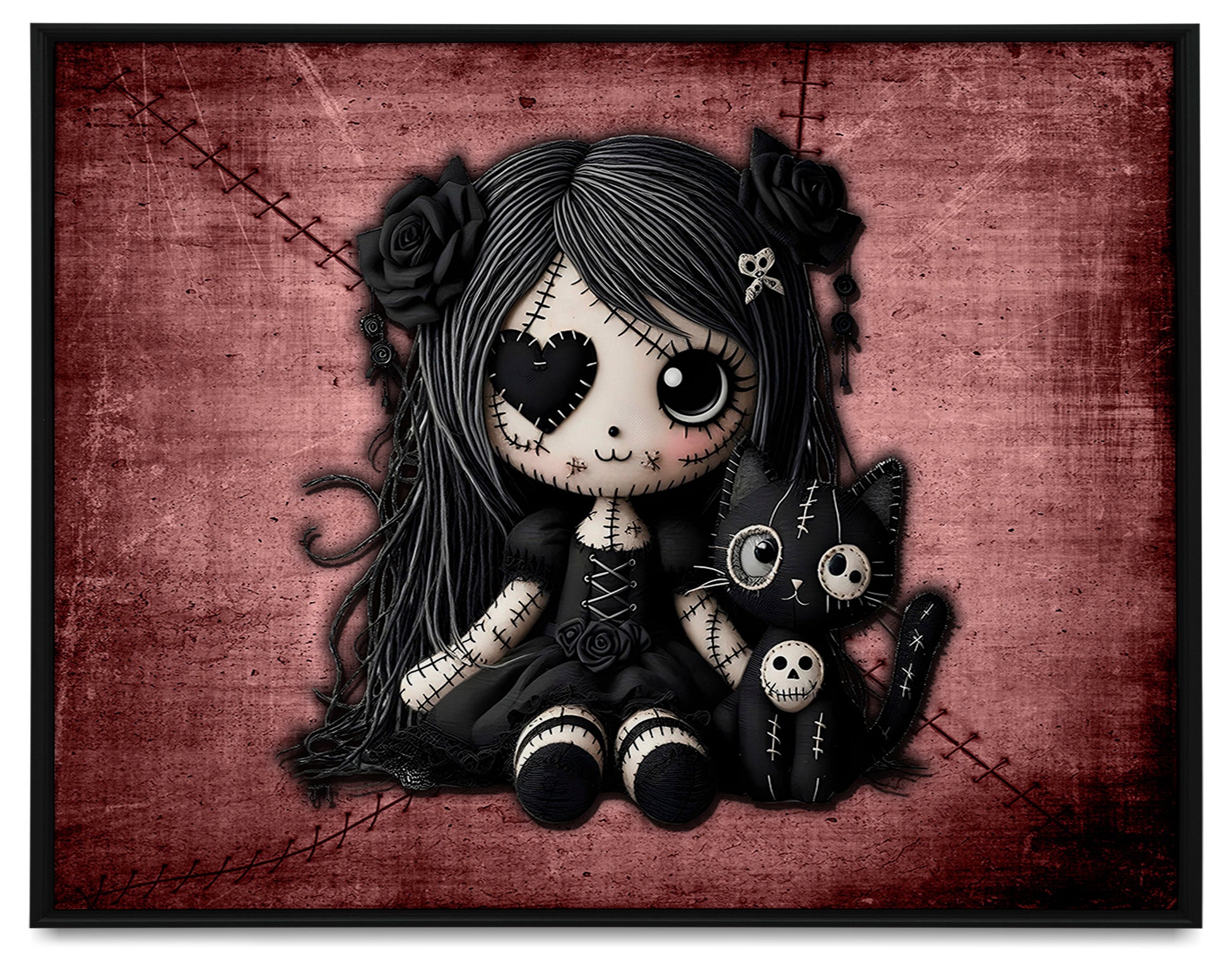 Little Stitch-ups Rag doll and her cat_1 Framed Canvas Print