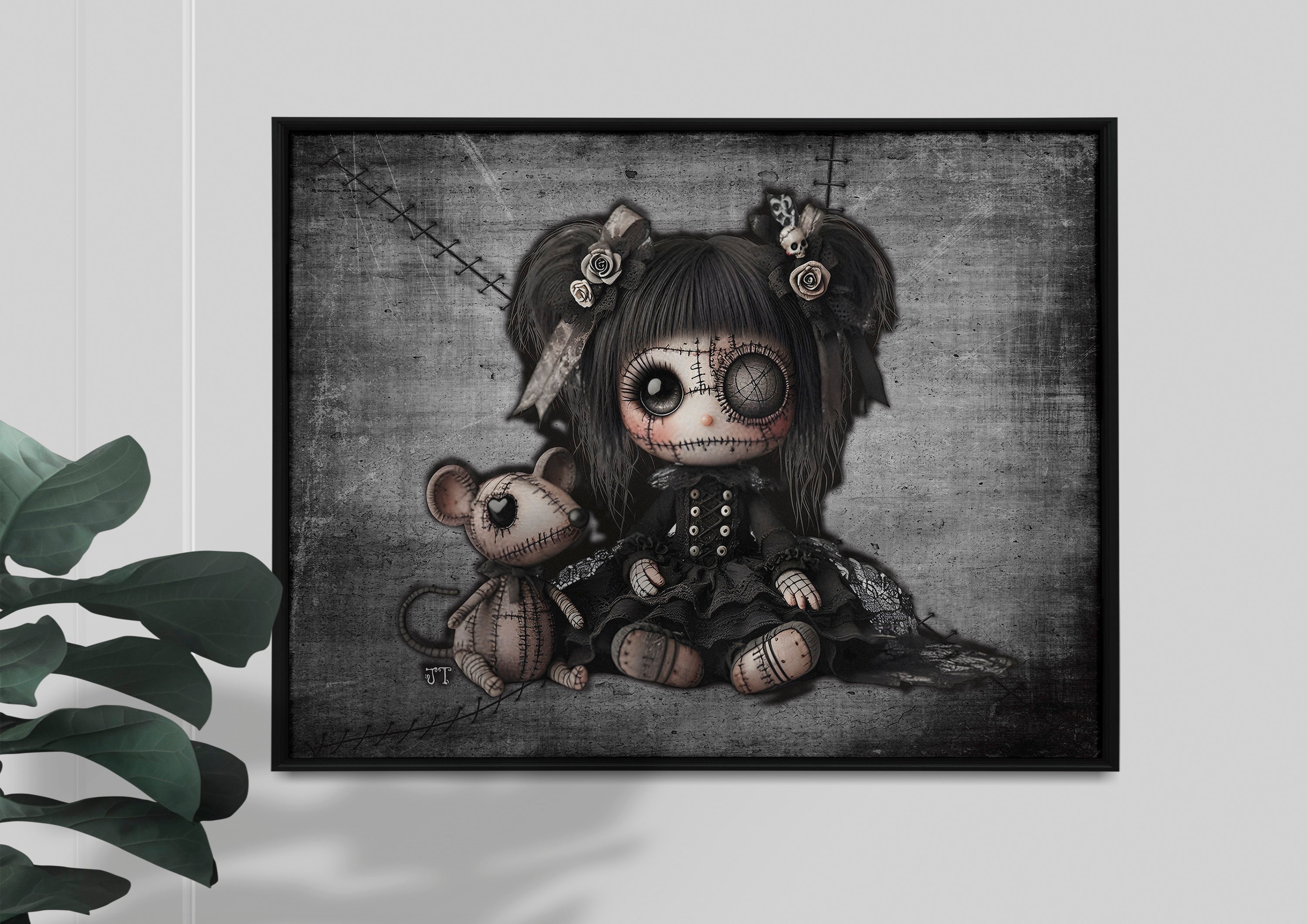Little stitch -Old Friends - Rat Gray Framed Canvas Print