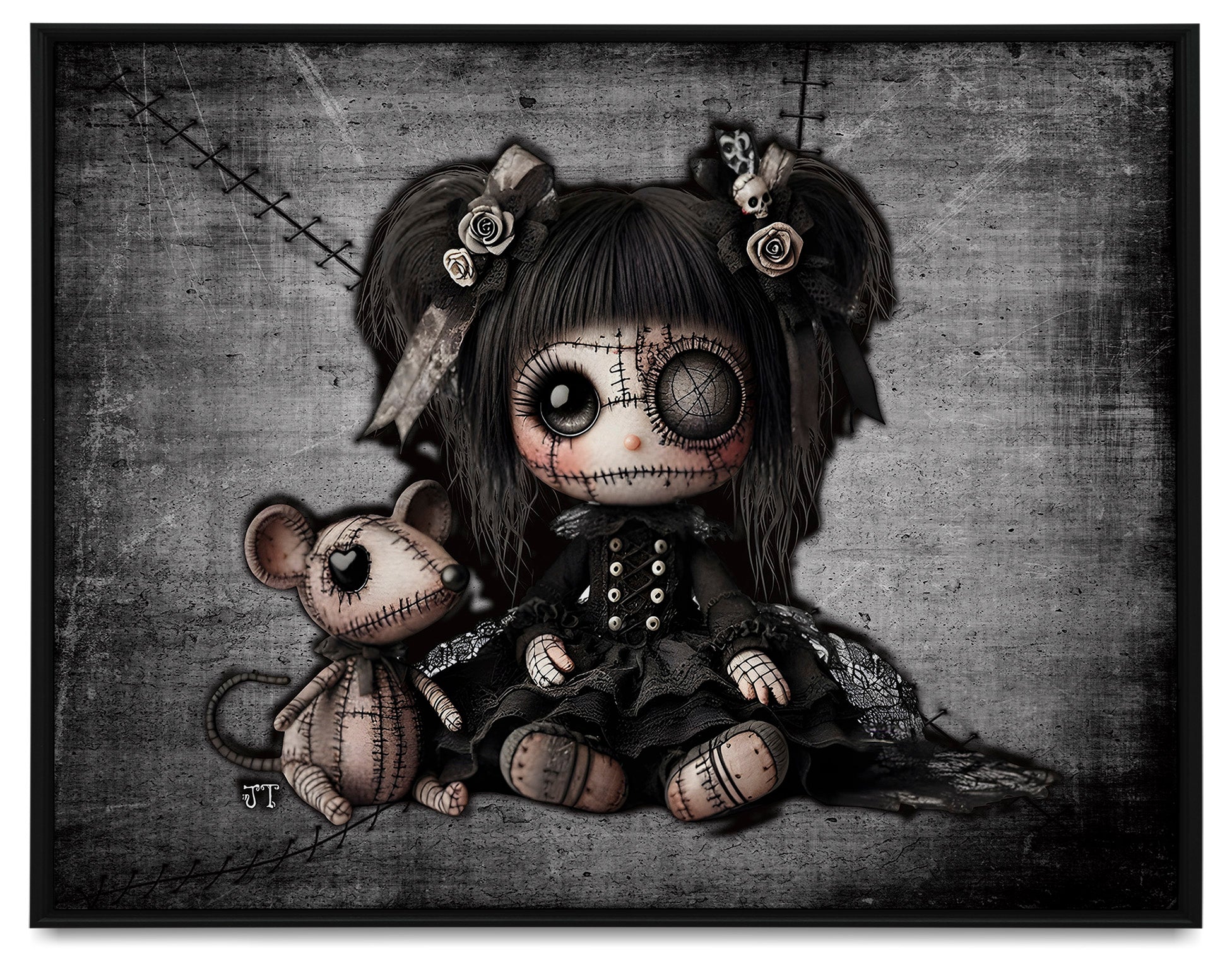 Little stitch -Old Friends - Rat Gray Framed Canvas Print