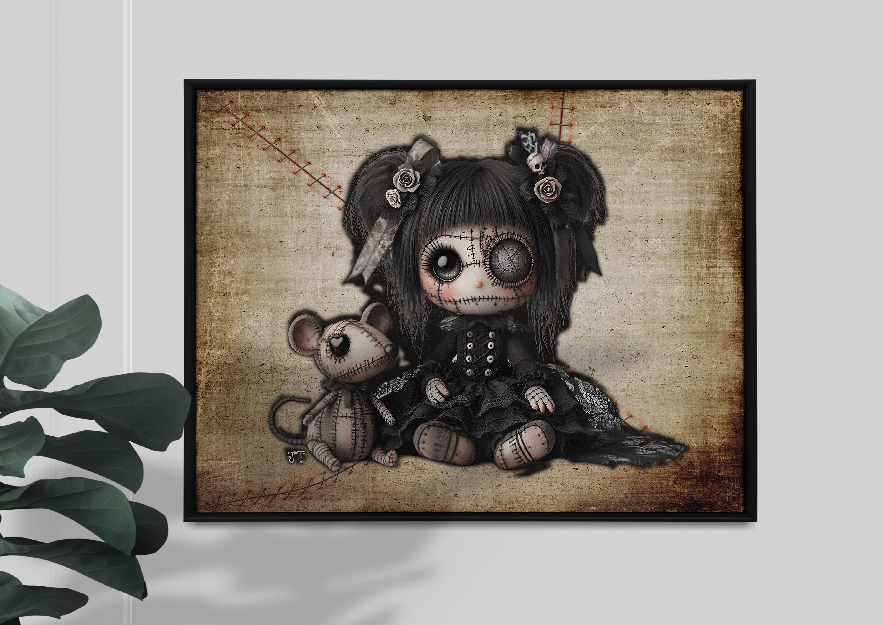 Little stitch -Old Friends - Rat Gray Framed Canvas Print