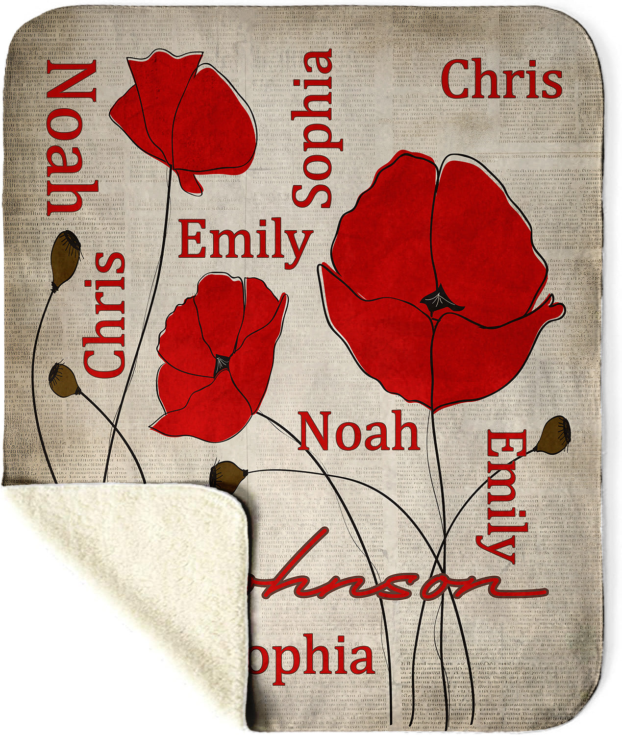 Vintage Newspapper Poppies Sherpa Blanket