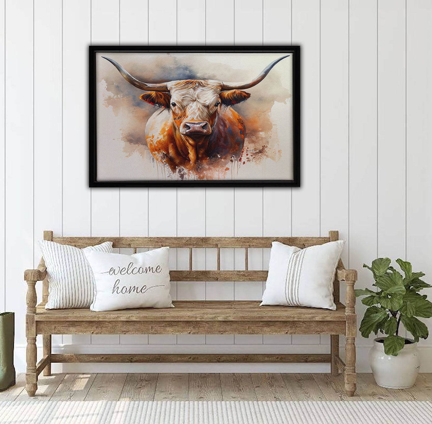 Watercolor Longhorn Framed Canvas