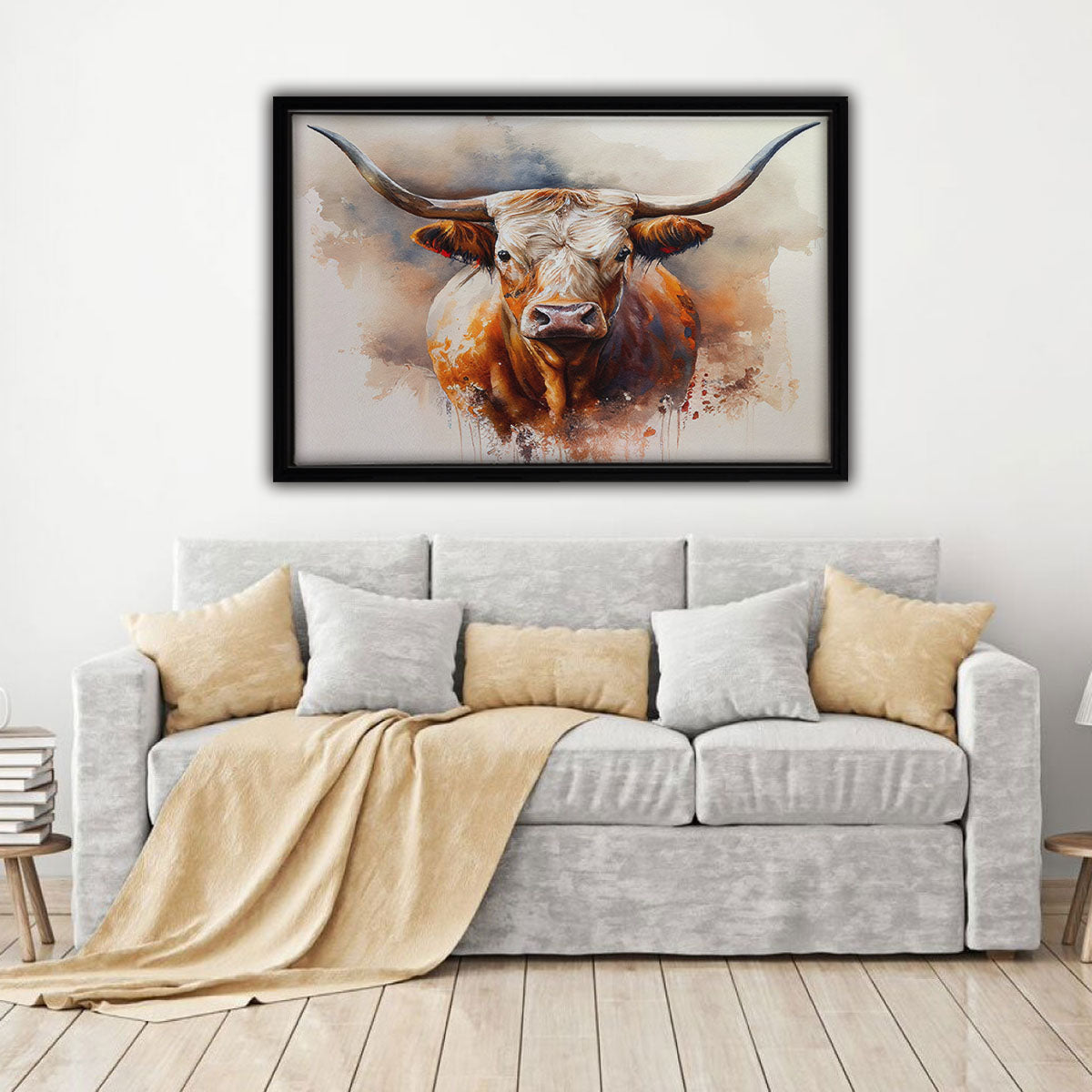 Watercolor Longhorn Framed Canvas