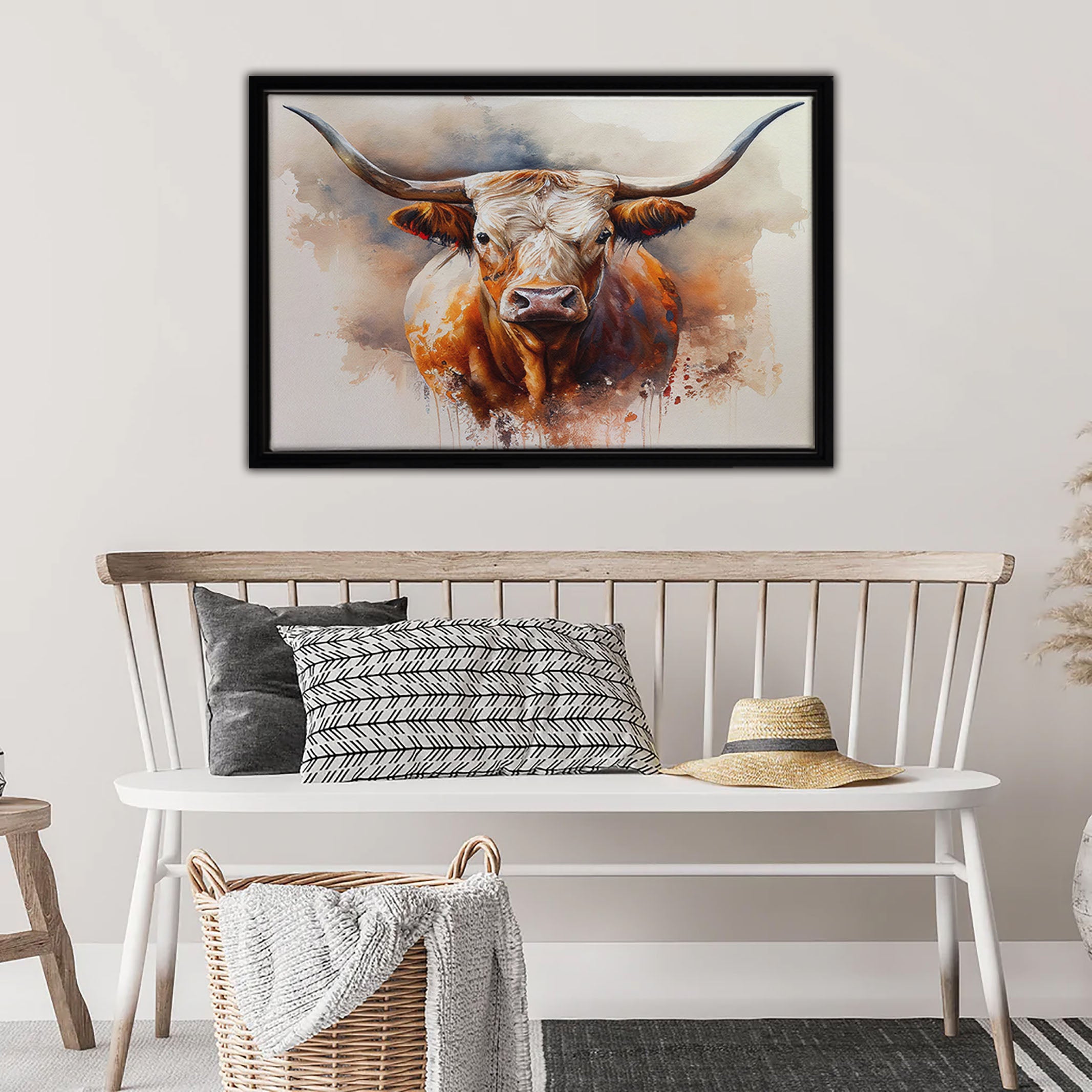 Watercolor Longhorn Framed Canvas