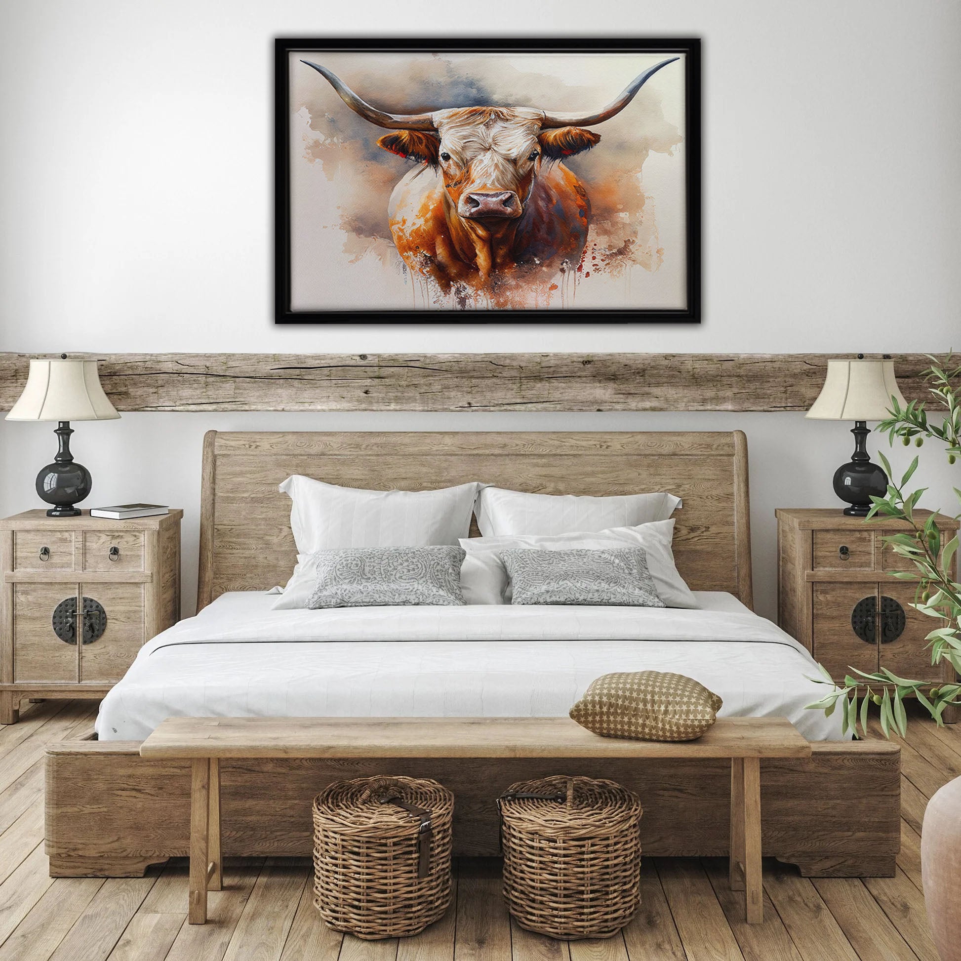 Watercolor Longhorn Framed Canvas