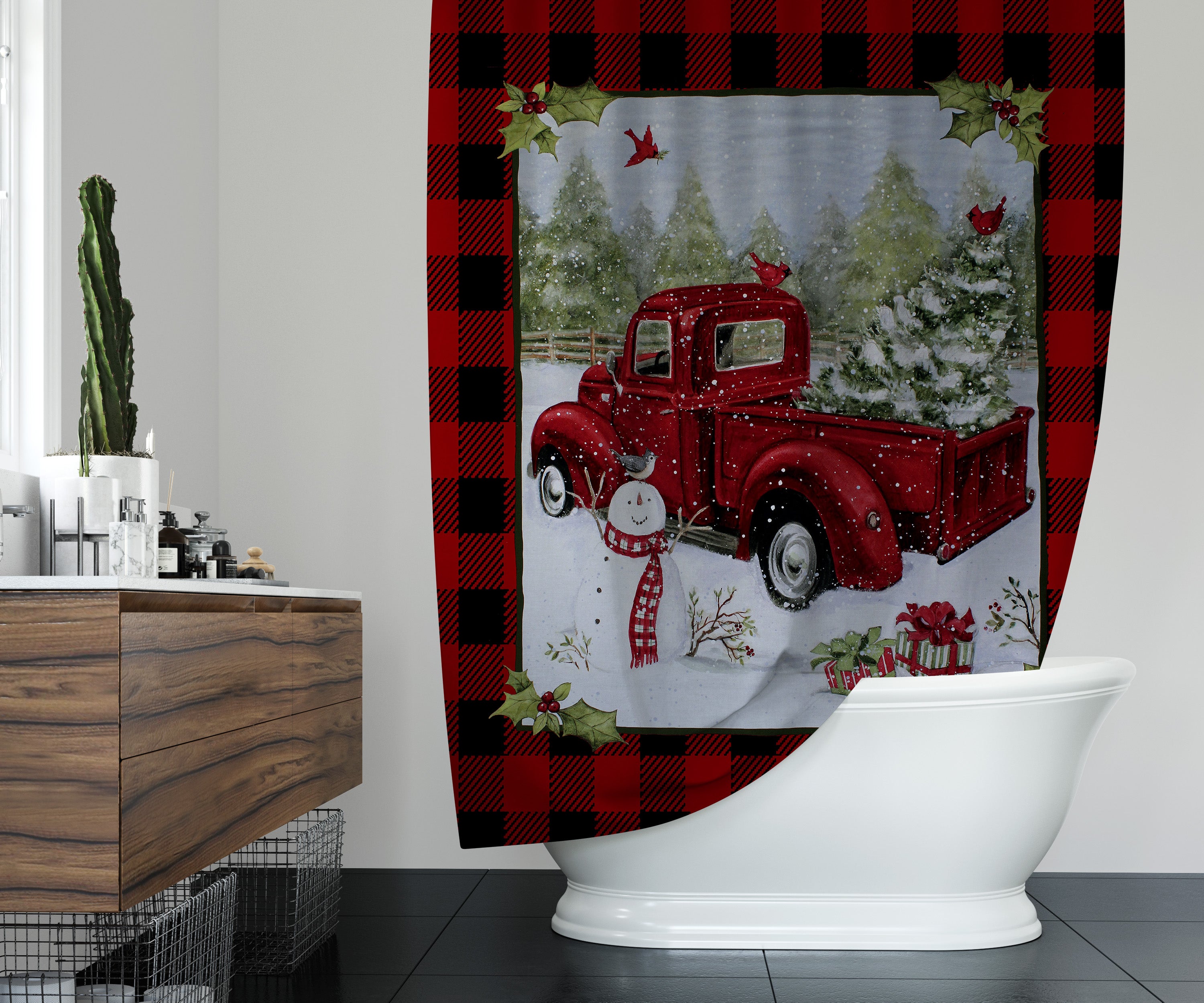 Red Plaid Truck Shower Curtain