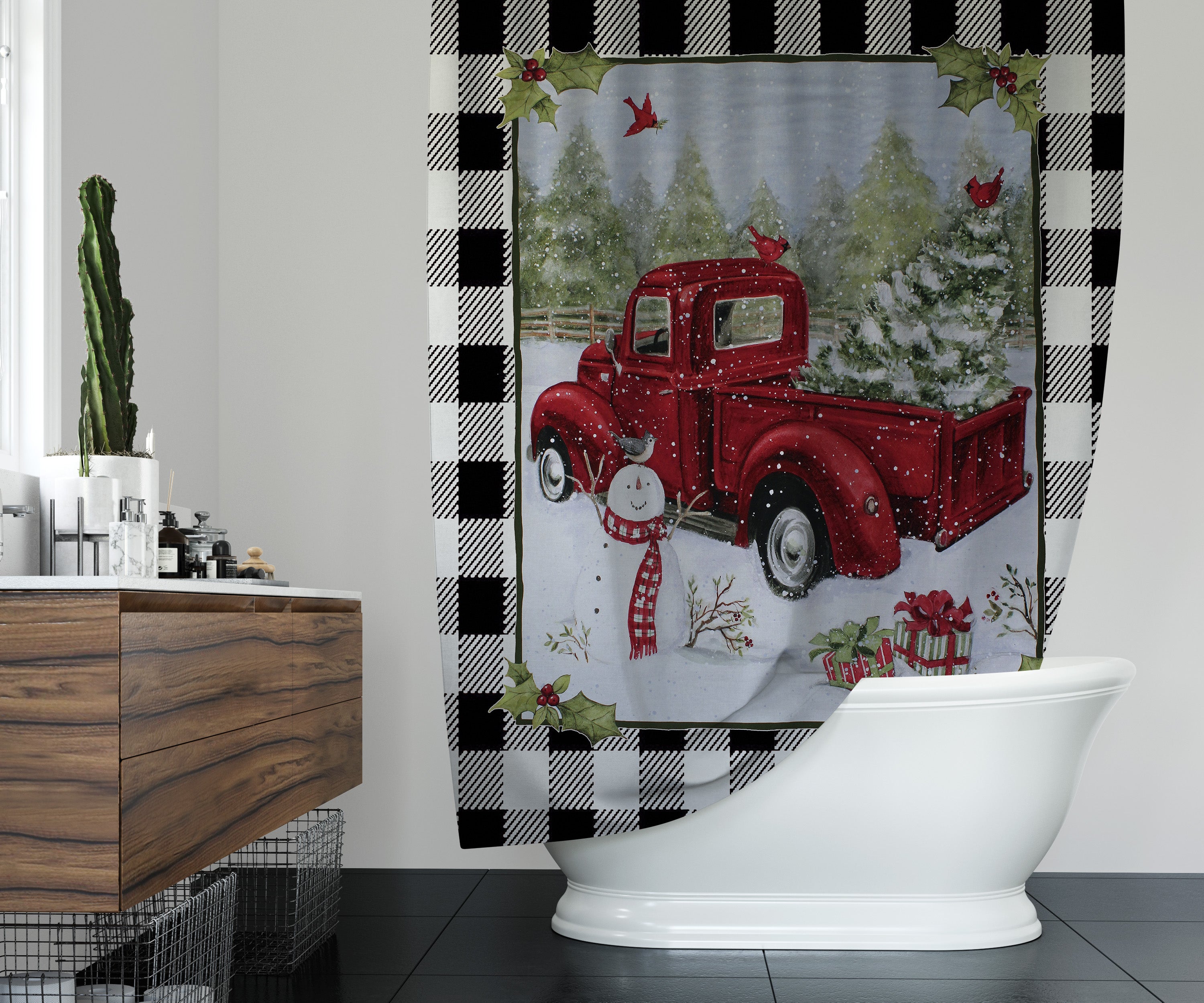 White Plaid Truck Shower Curtain